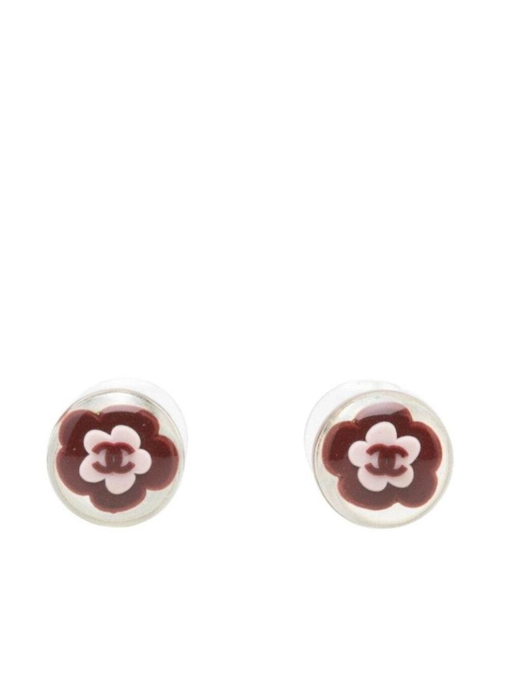 Chanel CC Logo Camellia Round Stud Earrings Stamp Red Silver Resin Metal